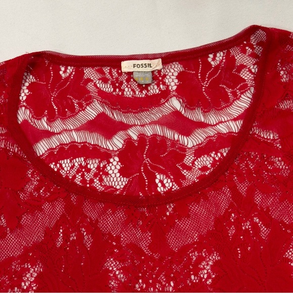 Red Lace Top Fossil Eyelash Lace Sheer 3/4 Sleeved Size XSmall - Picture 3 of 6